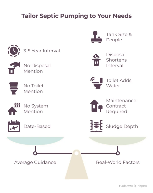 Balance diagram comparing generic 3 to 5 year septic pumping guidance against real-world factors