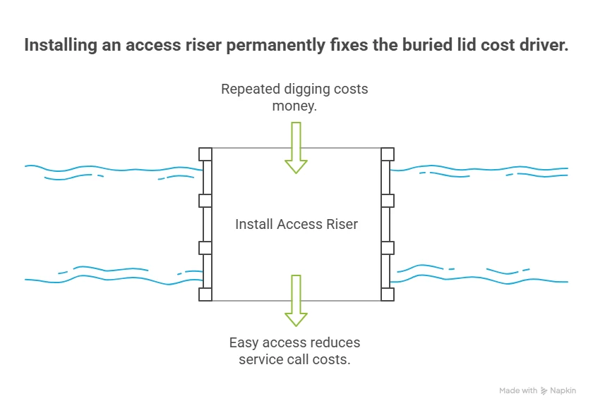 Diagram showing how a buried septic tank lid adds digging labour to every service visit