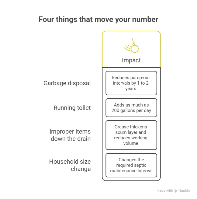 Four factors that change septic pumping frequency: garbage disposal, water volume, what goes down the drain, household size