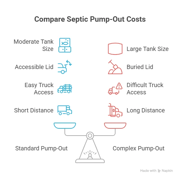 Comparison of what makes a septic pump-out standard versus complex: tank size, lid access, truck access and distance