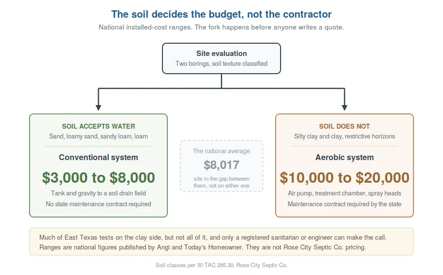 Diagram showing the site evaluation splitting into two cost paths, a conventional system at 3,000 to 8,000 dollars and an aerobic system at 10,000 to 20,000 dollars