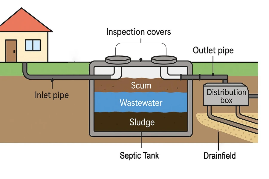 Cutaway diagram of a septic system showing the tank layers, outlet pipe, distribution box and drain field