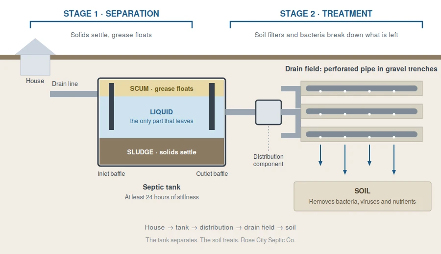 Diagram of the two stages of a septic system, separation in the tank and treatment in the soil beneath the drain field