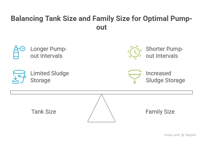 Balance diagram weighing septic tank size against family size to set the pump-out interval
