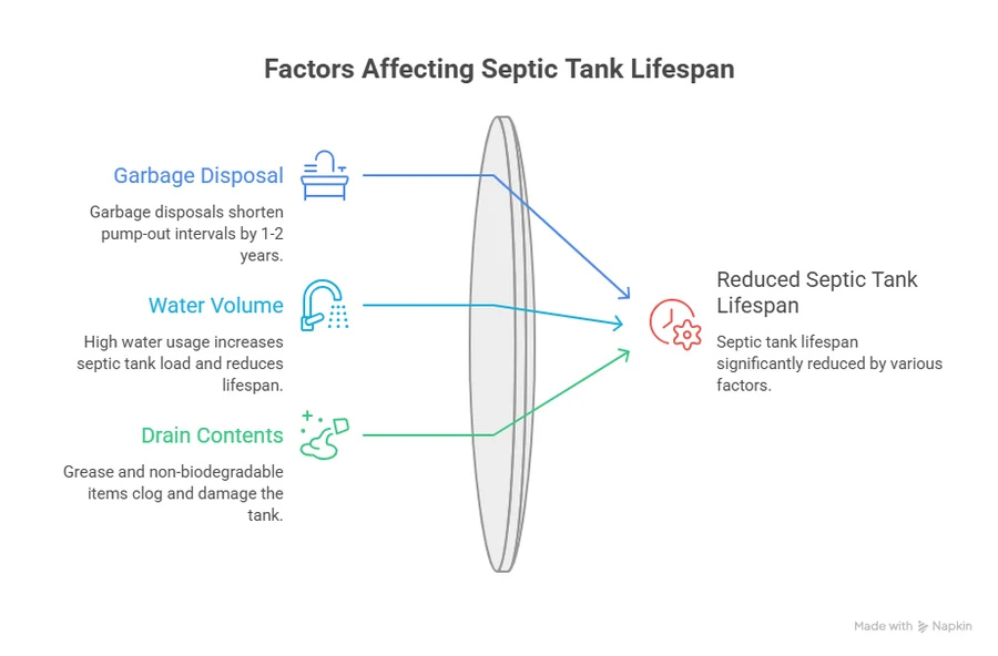 Factors that shorten a septic pump-out interval, including garbage disposals and extra water use