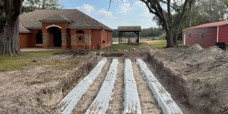 Excavator opening a trench for a new septic drain field on an East Texas property